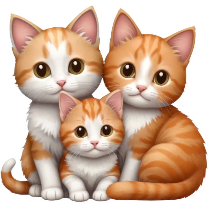 3 tiny kittens cuddling together all different colours, the first one is grey and white, the second is ginger and white and the third is brown tabby and white emoji