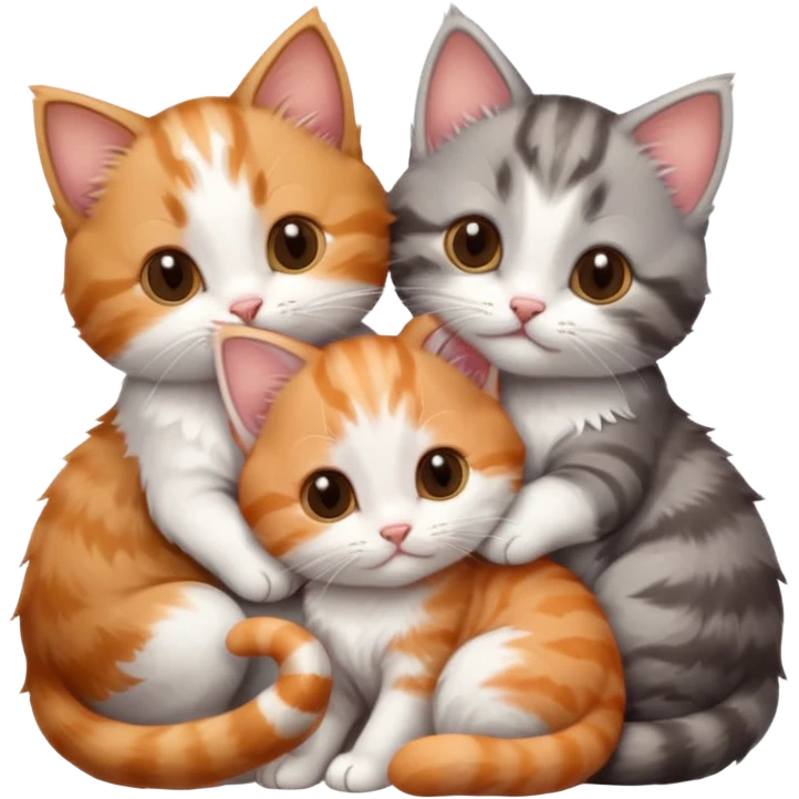 3 tiny kittens cuddling together all different colours, the first one is grey and white, the second is ginger and white and the third is brown tabby and white emoji