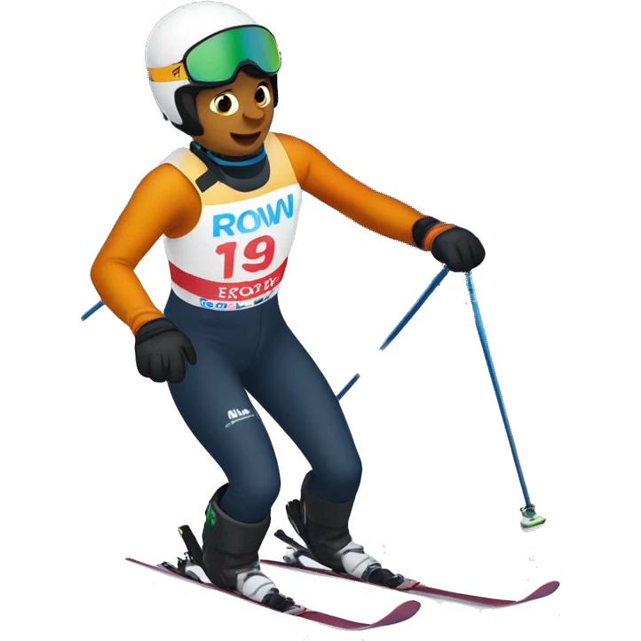 18 year old boy alpine ski racing at 60 mph wearing a bib that says Rowmark. emoji