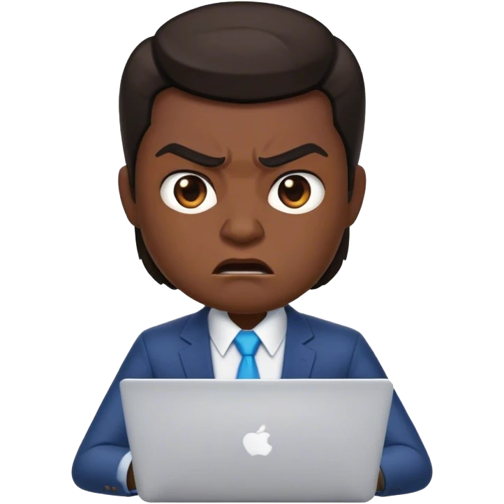 memoji of a realtor with a laptop in front, ,modern,dark hair, angry emoji