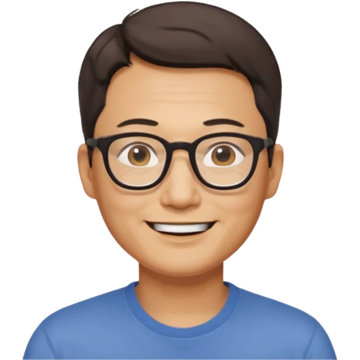 안경을 낀 40대 표준 체격의 한국인 남성, 머리가 아주 짧음, 활짝 웃고 있음 emoji
