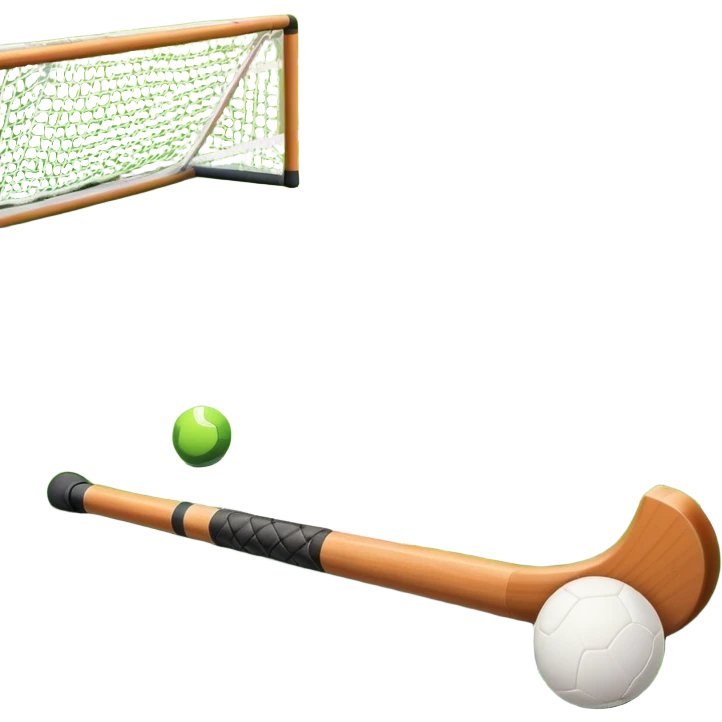 A field hockey stick and ball resting on a well-maintained green grass field, with the goalposts and markings visible in the background. The scene highlights the precision and focus of the sport, with the vibrant green pitch creating a dynamic atmosphere. emoji