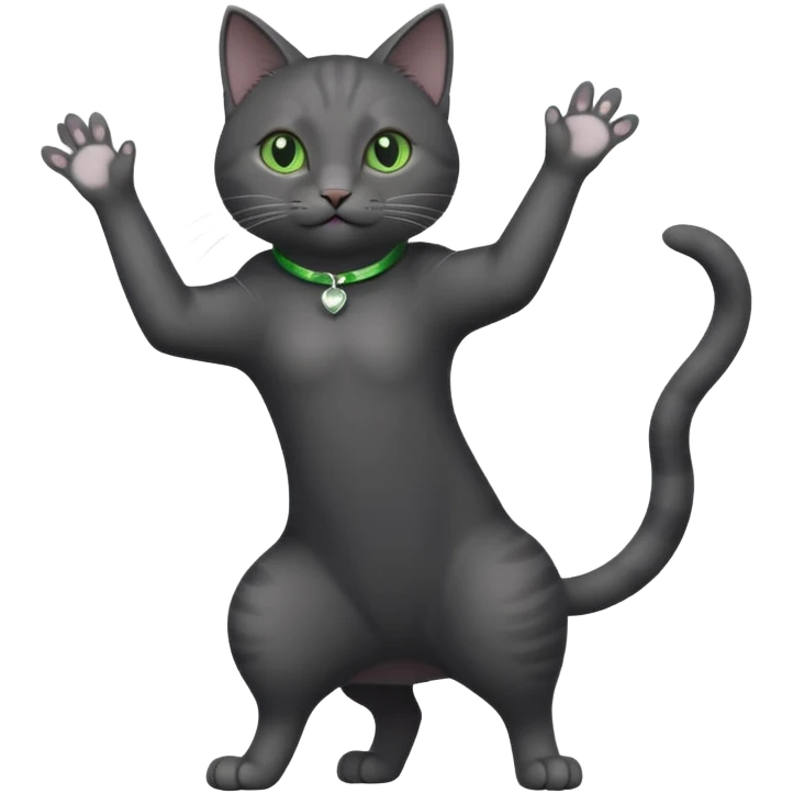 full body gorgeous solid dark grey cat with green eyes, white paws and white whiskers reaching for something emoji