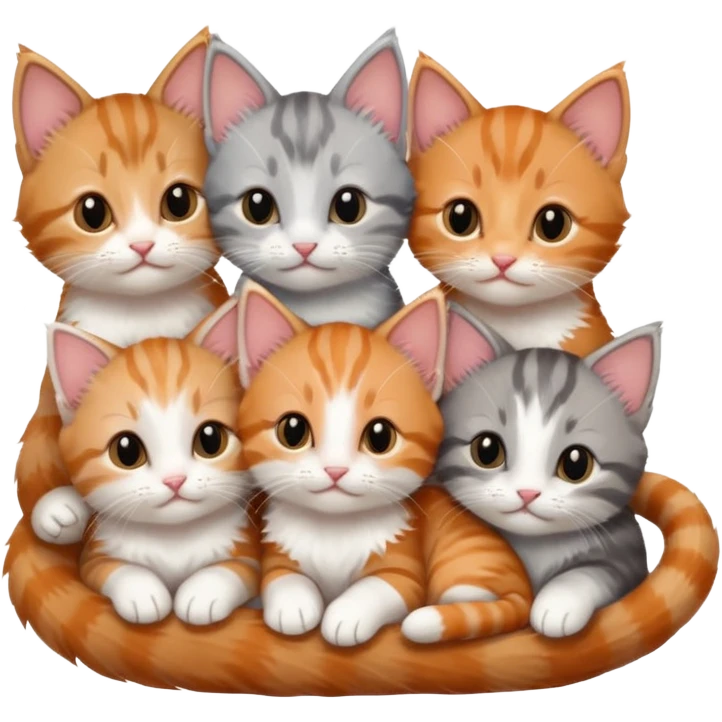 6 tiny kittens cuddling together all different colours, the first one is grey and white, the second is ginger and white and the third is brown tabby and white emoji