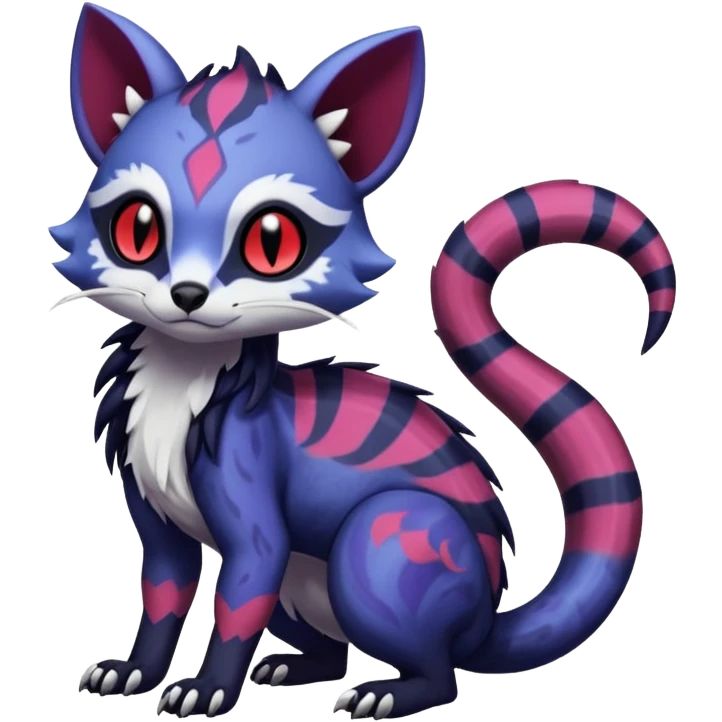 Rare warm-colored exotic gloomy tropical edgy cute epic aesthetic spooky indigo purple white black red gothic colorful Salandit-Furret-Espurr-Meowstic-Civet-species-Fakemon-hybrid-creature, with tribal tattoo markings, full body emoji