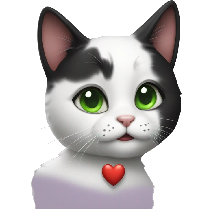 Realistic Black and white cat with green eyes holding a heart emoji