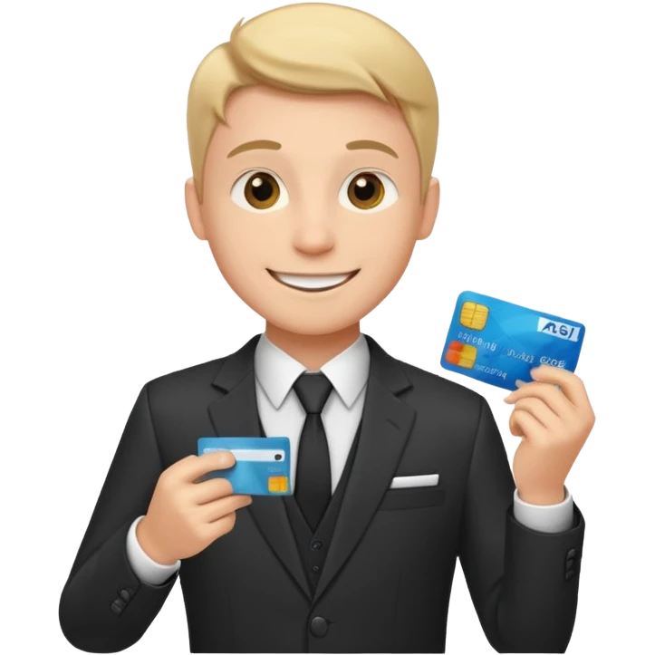 پسر جذاب با کلاس با کت شلوار کارت بانکی به دست emoji