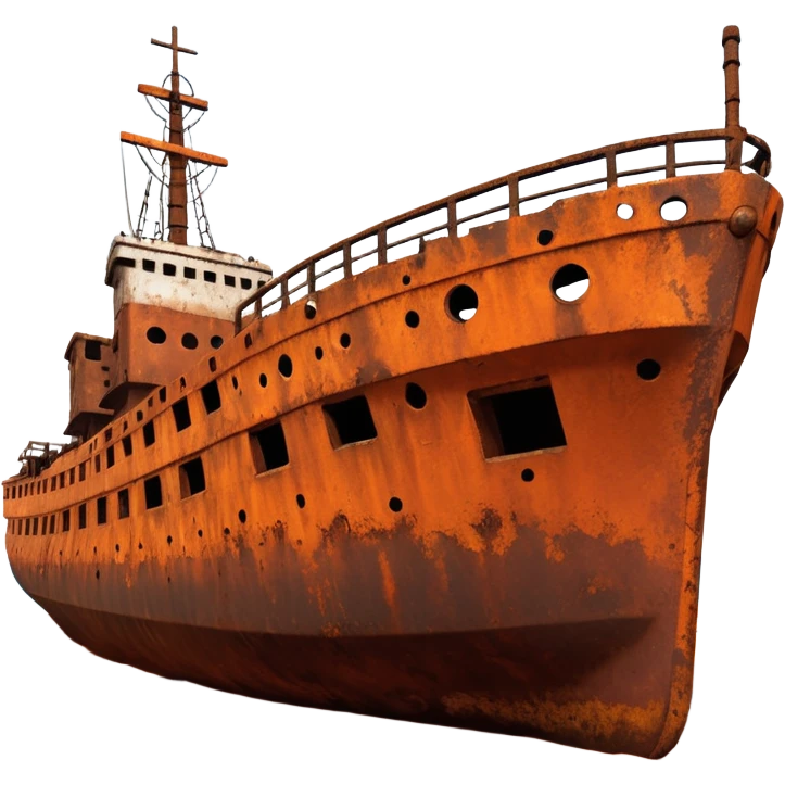 rusted ship wreck, heavily corroded metal hull, orange-brown rust textures, abandoned old ship, weathered surface, dramatic lighting, cinematic atmosphere, 3D cartoon style, mobile game environment art, clean composition, no people, no text, no watermark
 emoji