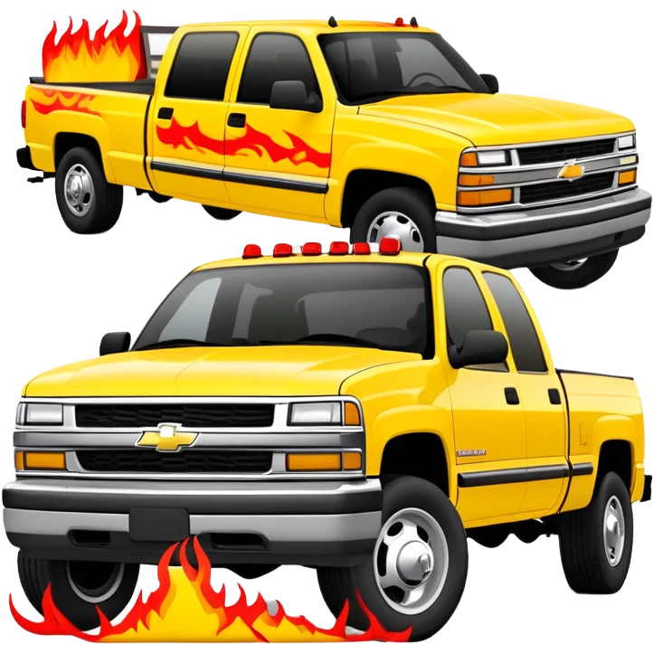 Yellow 1997 Chevrolet C-2500 Crew Cab Silverado with red flame design only on the front bumper, 30-degree view showing detailed bumper flames, Kill Bill movie vehicle, iOS emoji style emoji