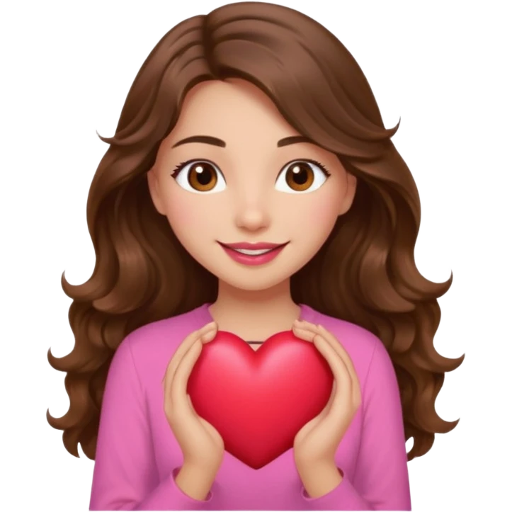 girl with long wavy brown hair, brown eyes, light to medium complexion, in a pink shirt, pink lips, long lashes, smiling, squeezing a big heart emoji