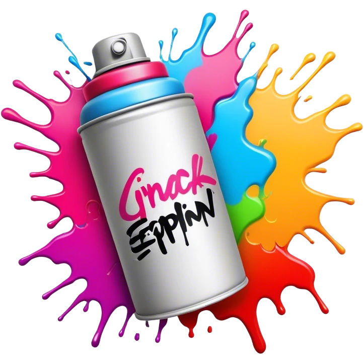 Graffiti icon, spray paint can, brick wall with graffiti artwork and bold text, colorful spray paint splashes, urban style, vibrant colors, minimalistic design, clean lines, transparent background. emoji