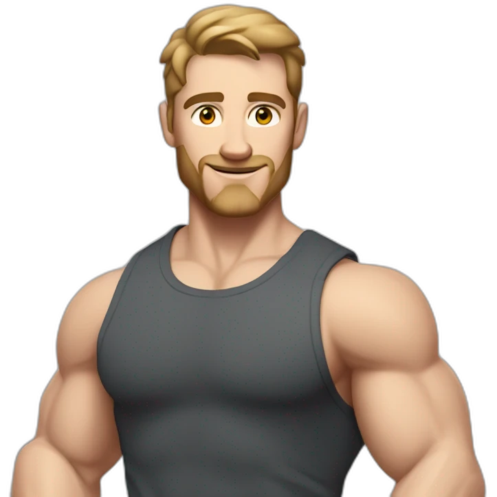 Close up Actively gesturing  with hands Pale skinned Fit Man With the biceps and brown hair in dark gray Sleeveless Mike, black oversize sports shorts, watch and white Sneakers emoji