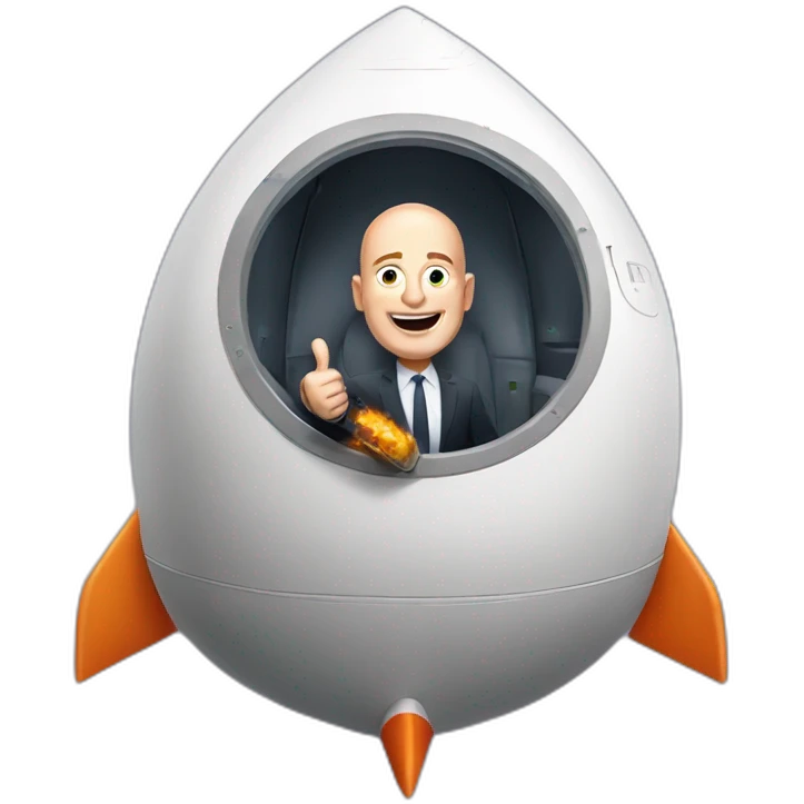 Jeff Bezos inside a comically small rocket giving a thumbs up emoji