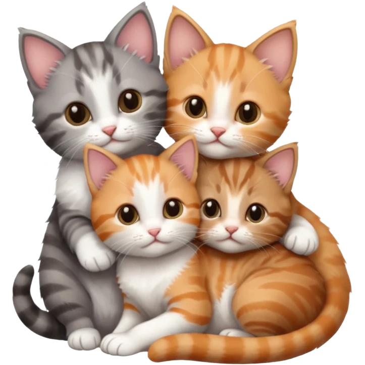6 tiny kittens cuddling together all different colours, the first one is grey and white, the second is ginger and white and the third is brown tabby and white emoji
