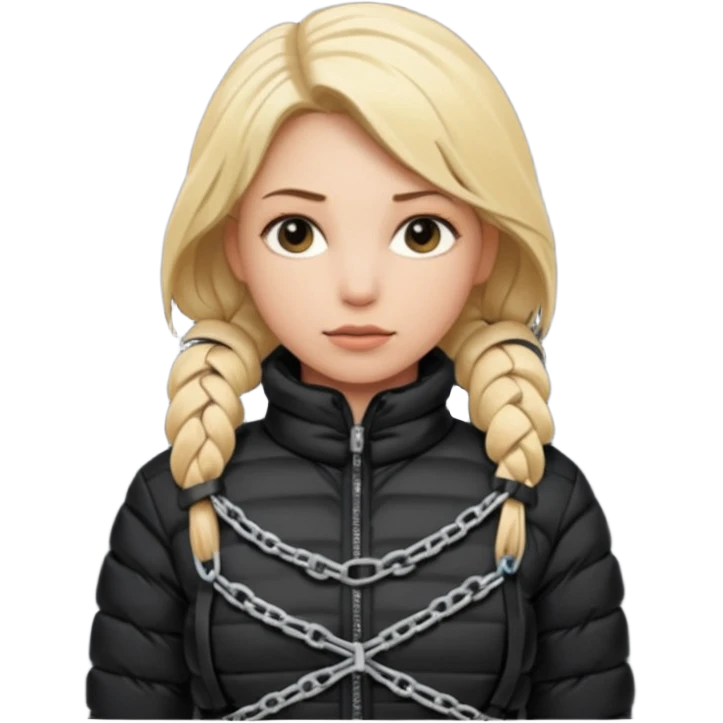 blond female emoji wearing a black down jacket, under bondage emoji