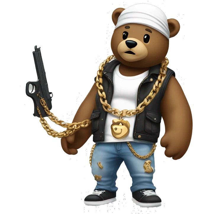 Bear wearing a durag with a white tank top and jeans and Jordan’s with a pistol in his hand and a big gold chain  emoji