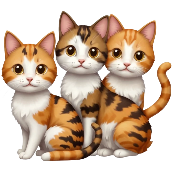 3 different coloured small cats including a dark brown tabby and white, a patchy calico, and a ginger and white emoji