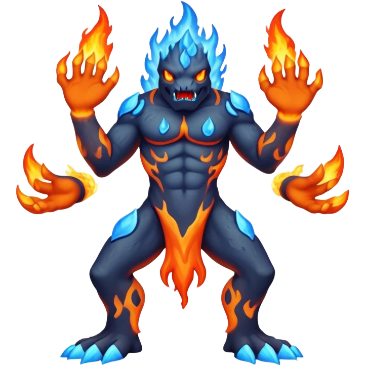 a mystical fast lava creature without arms with molten lava on its head and some rocky shoulders, fire crystals, blue flames, fire legs, no background emoji