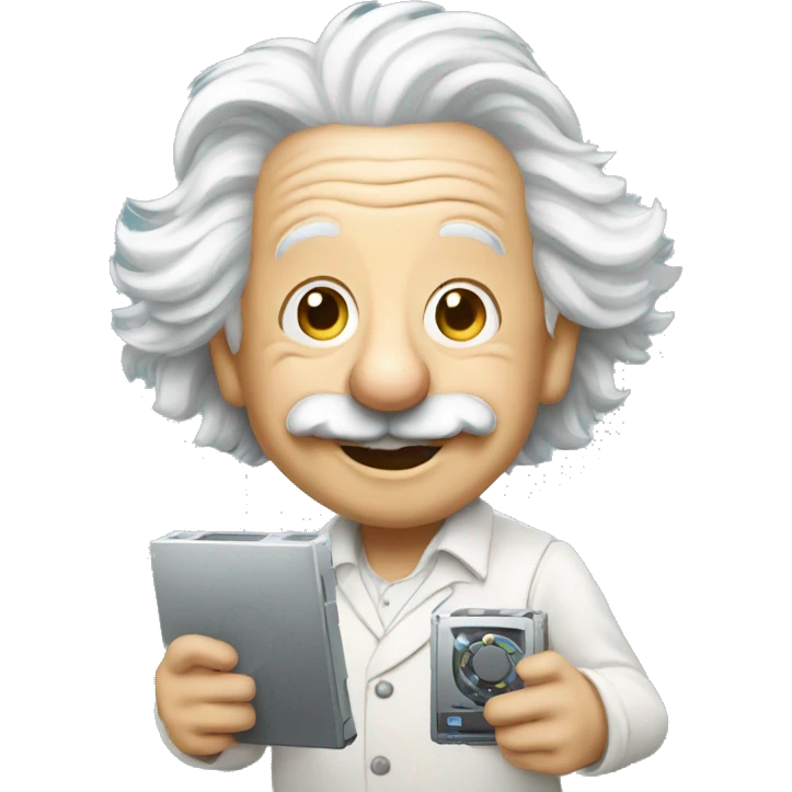 happy albert einstein holding computer in one hand emoji