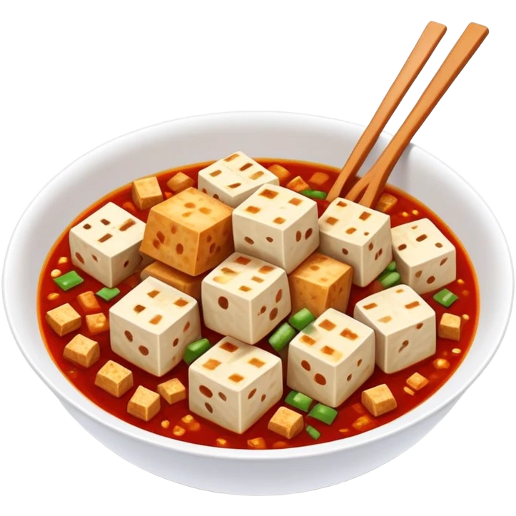Sichuan Mapo Tofu spicy red dish with tofu cubes, simplified emoji style with bold outlines and bright colors, cartoon style national famous Chinese cuisine emoji