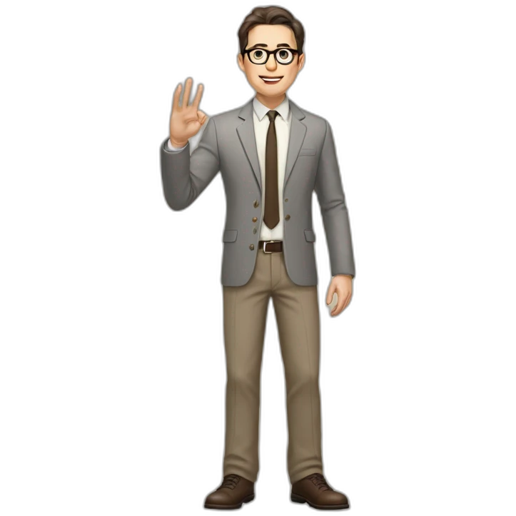 Full height Actively gesturing with hands Pale skinned fit man with dark brown hair in gray jacket, beige office shirt, brown tie, brown pants and vintage glasses. emoji