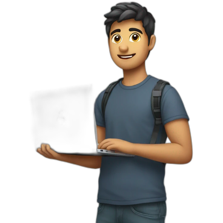 Coder boy taking laptop in hand, Arjun name logo on laptop emoji
