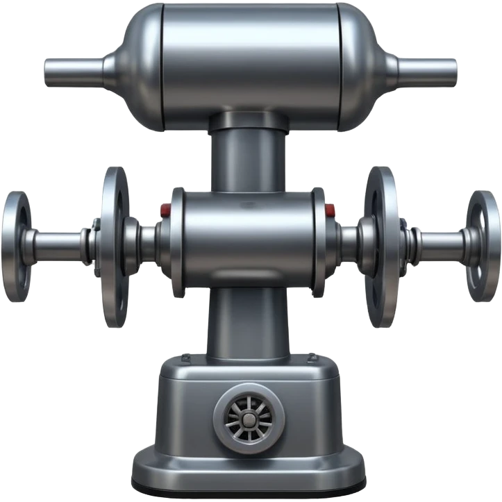sausage-processing droid. retro-futuristic style. top is a circular industrial meat grinder with rotating gears and blades. Two robotic arms feed material into grinder. Sausage links extrude from the rear like  factory. The body is metallic, compact, and floats above the ground.no legs. Dark humor emoji