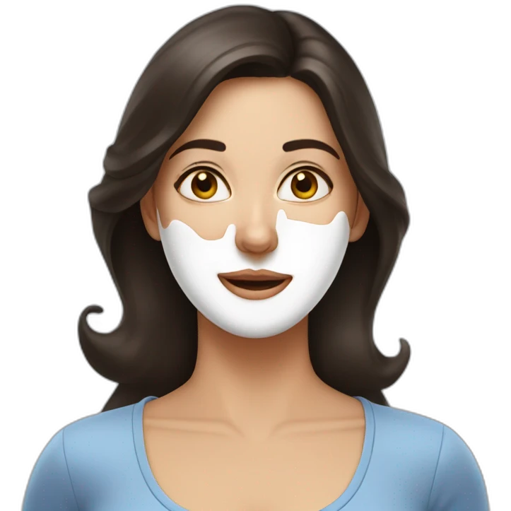 Brunette Woman with milk spilled on her face with satisfactory expression emoji
