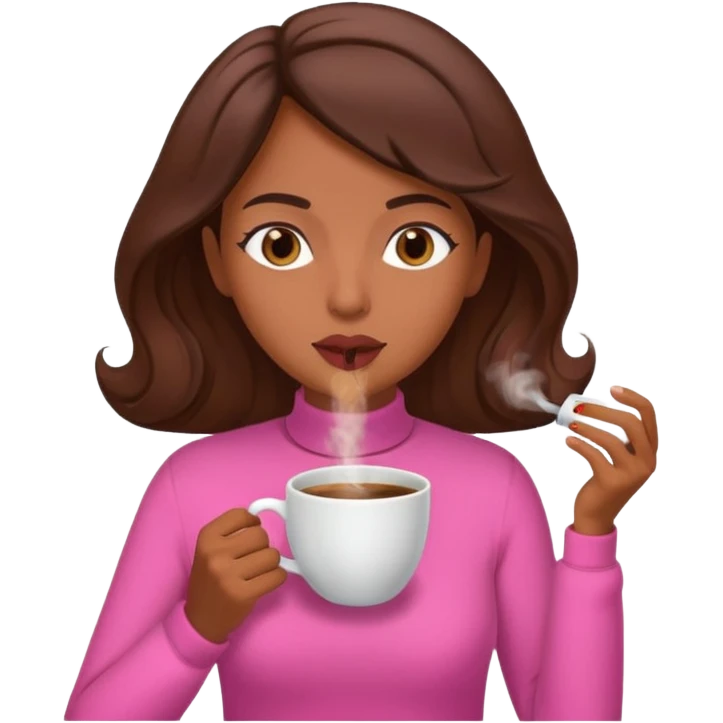 Mulher morena tomando café  com roupa rosa esfriando o café  emoji