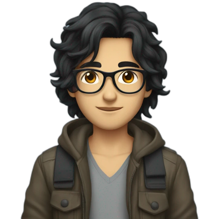 young muselim with semi long black hair blue glasses and black eyes in plane emoji