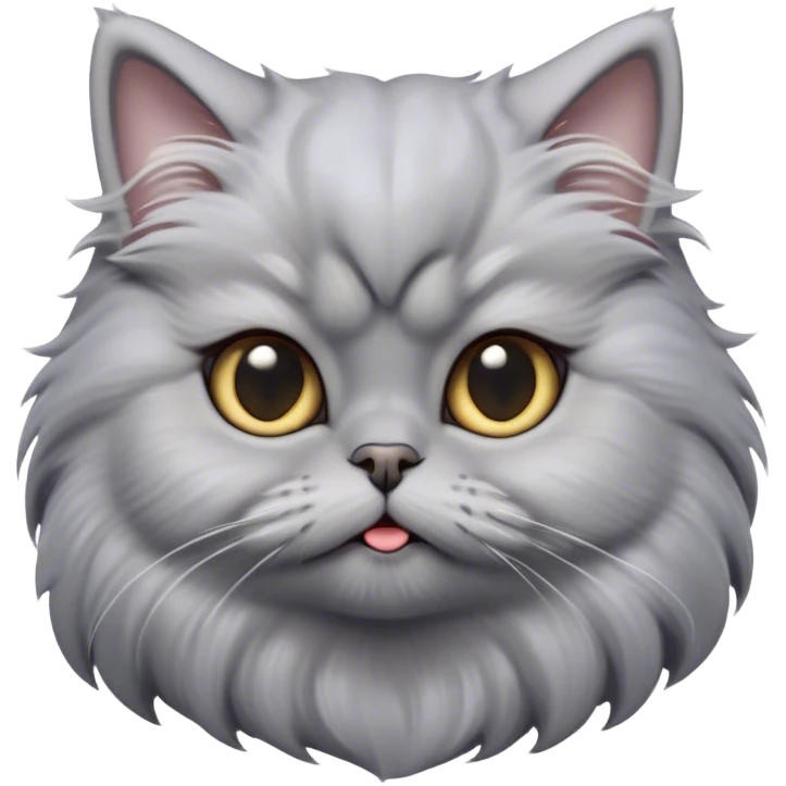 Cinematic Derpy Grey Persian Cat Portrait Emoji, Head tilted playfully with an adorably awkward expression, fluffy grey fur with soft silver undertones, Simplified yet hilariously derpy features, highly detailed, glowing with a warm but slightly confused glow, high shine, a mix of lazy and clueless, stylized with a touch of whimsy, bright but with a completely derpy and grumpy face, soft glowing outline, capturing the essence of a quirky yet chubby, grumpy kitty, so endearing it feels like it could stretch out of the screen and demand attention with its wonderfully derpy charm! emoji