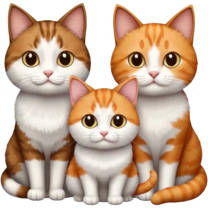 3 different coloured short haired cats including; a dark brown tabby and white cat, and a dark grey and white and a ginger and white emoji