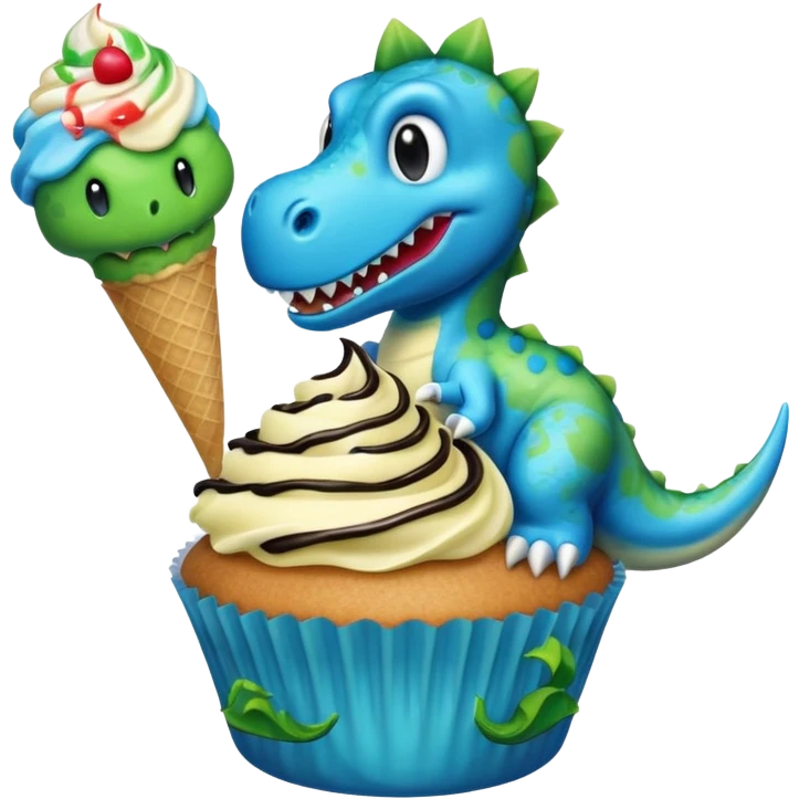 A cupcake having blue and black icing and a dinosaur as a decoration and ice cream next to it emoji