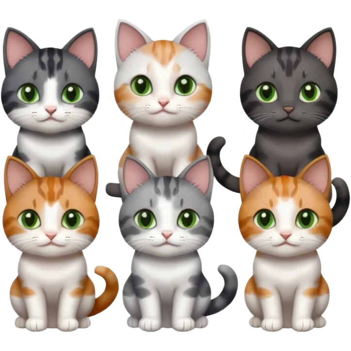 6 different coloured small cats including a dark grey and white, and a patchy calico, and a brown tabby and white,  and a completely solid dark grey with green eyes and only white paws emoji