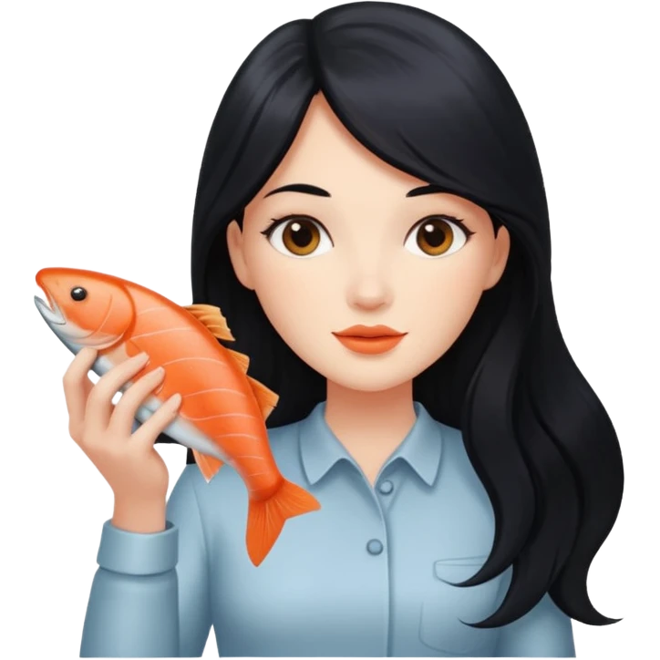 White lady with long black hair and a round face holding a salmon  emoji