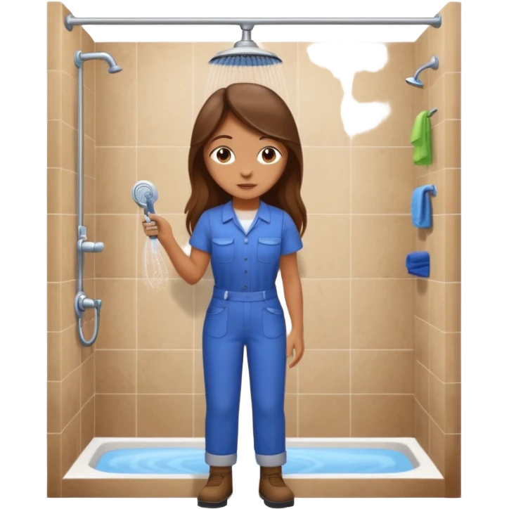 beautiful girl with long brown hair constructing new bathroom area with new shower and amenities  emoji