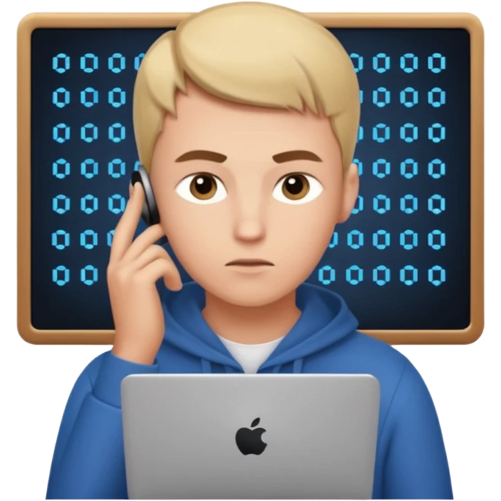 young programmer, thinking, with code symbols emoji