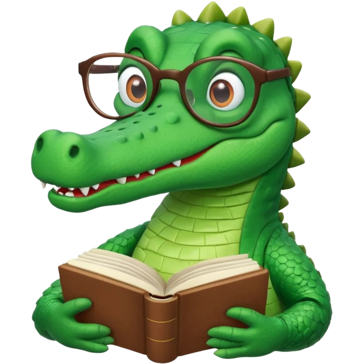 A claymation alligator with a book and glasses. The background is a solid white circle emoji