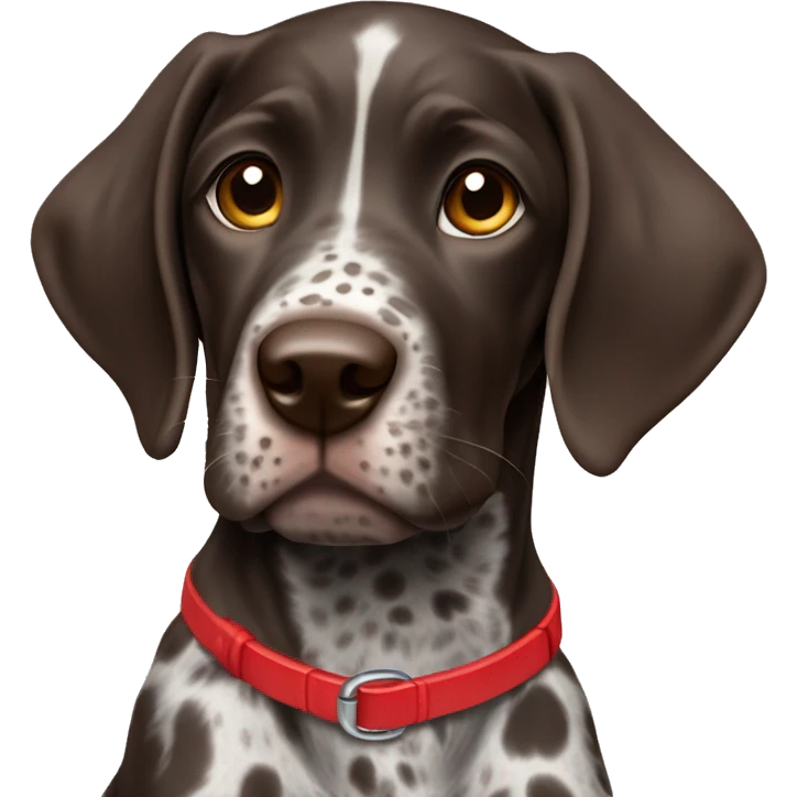 Dark Brown spotted German short haired pointer puppy with ticking with red collar  emoji