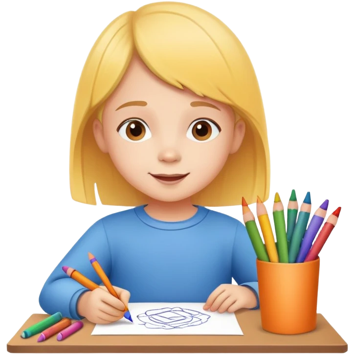 child drawing with crayons on paper, cheerful and creative emoji