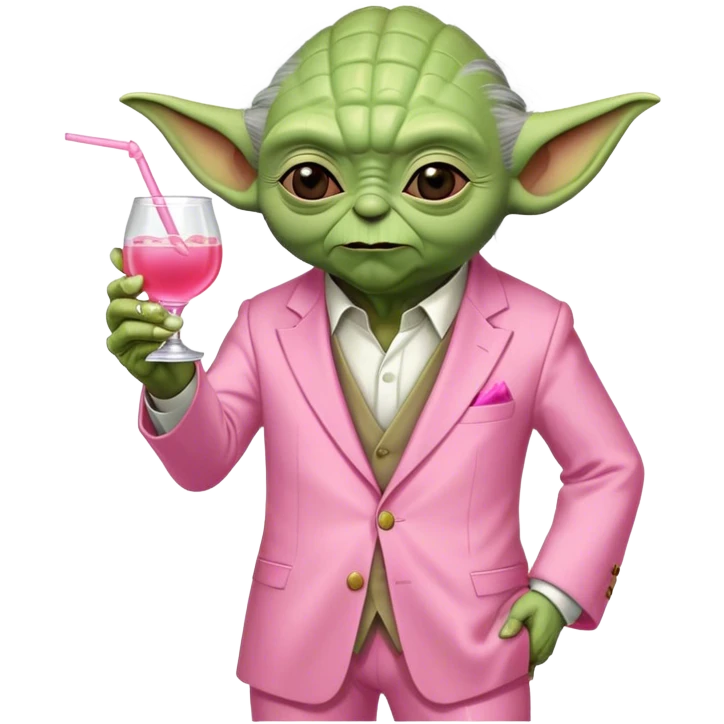 Master Yoda in all pink suit, with one hand holding pink tequila shot drink emoji