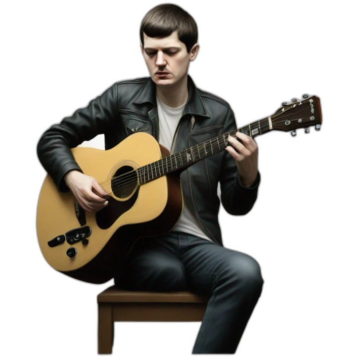 Hyper realistic Ian Curtis, playing guitar, full body view emoji
