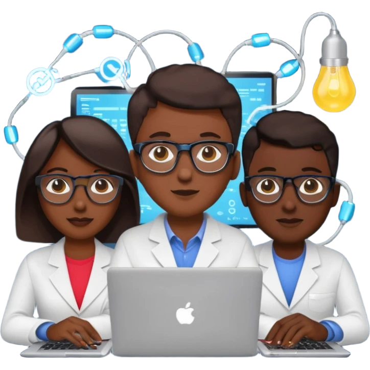 technologist using laptop coding with 2 other technologist emoji