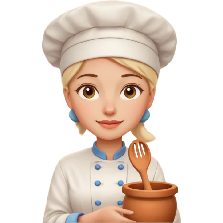 cartoon Apple iOS emoji style woman, pastel colors, Chilean wooden kitchen background, clay pots, warm light, detailed and clean vector art emoji