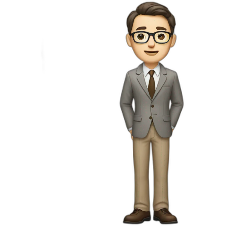 Full height Actively Gesturing Pale skinned fit man with dark brown hair in gray jacket, beige office shirt, brown tie, brown pants and vintage glasses. emoji