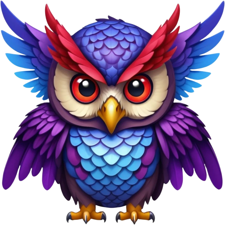 Owl dragon hybrid with wings front facing dark purple and blue and red emoji