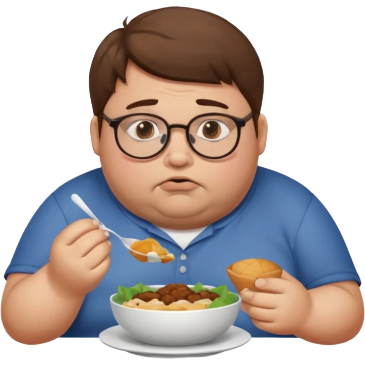 Fat sad guy with brown hair and glasses eating food emoji