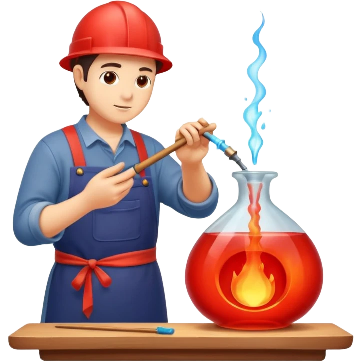 Glassblowing and casting icon, molten glass being shaped into a delicate object with a blowpipe, glowing red-hot glass being poured into a mold, unfinished glass sculpture, minimalistic style, clean lines, transparent background. emoji