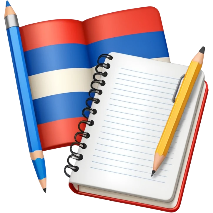 book with Russian flag colors, open notebook and pencil nearby emoji
