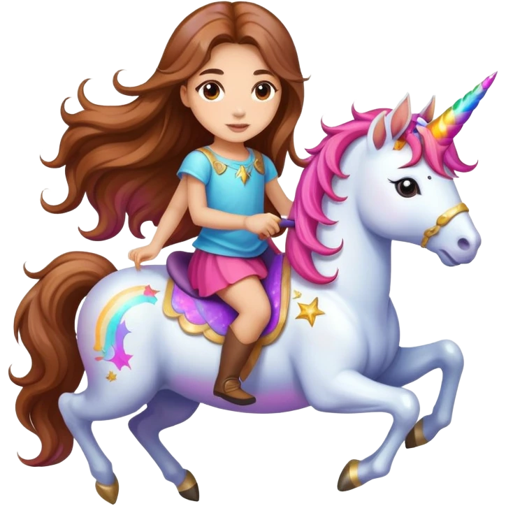 young light-skinned girl with long brown hair on a colorful unicorn emoji